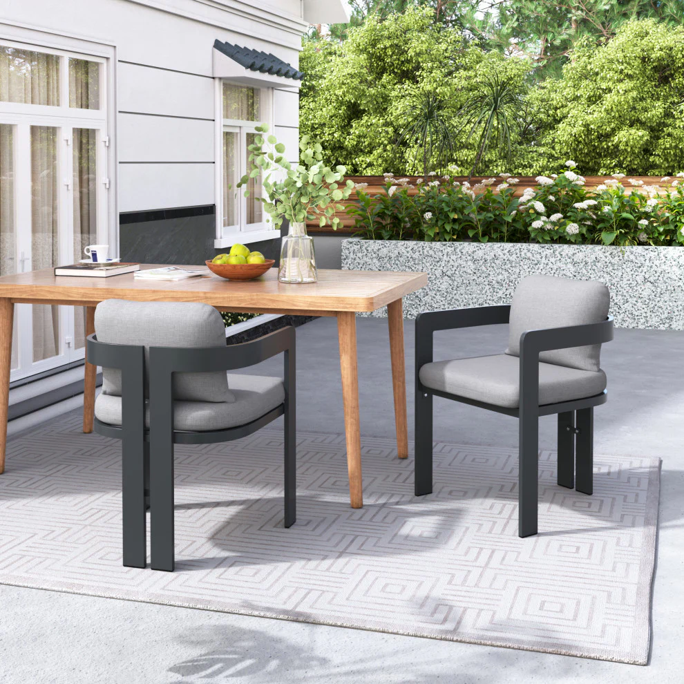 GDF Studio Outdoor Aluminum Dining Chairs with Cushions, Set of 2, Black Finish, Gray Cushion - Image 3