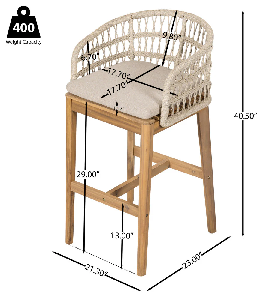GDF Studio Savannah Outdoor Acacia Wood and Rope Barstool, 29" Seat Height, Teak Finished Wood, Beige Cushion, Set of 2 - Image 3