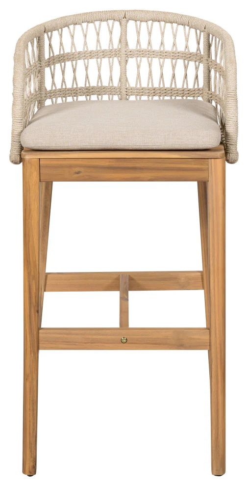 GDF Studio Savannah Outdoor Acacia Wood and Rope Barstool, 29" Seat Height, Teak Finished Wood, Beige Cushion, Set of 2 - Image 4