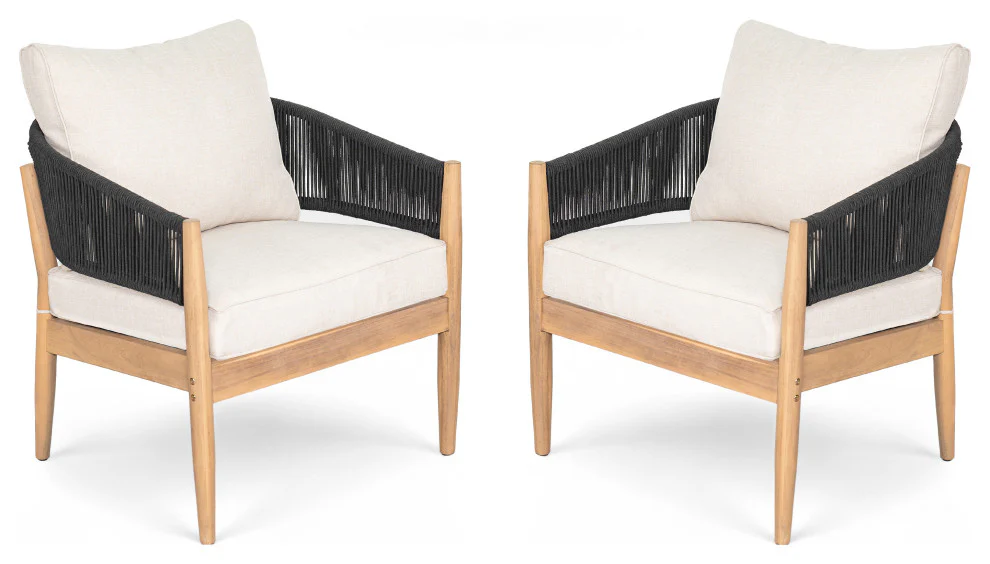 GDF Studio Werne Outdoor Acacia Wood Club Chair, Beige Cushion, Black Rope, Set of 2