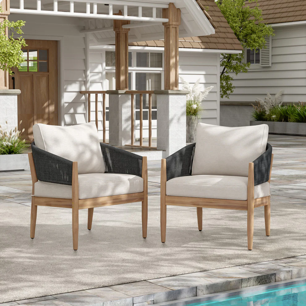 GDF Studio Werne Outdoor Acacia Wood Club Chair, Beige Cushion, Black Rope, Set of 2 - Image 3