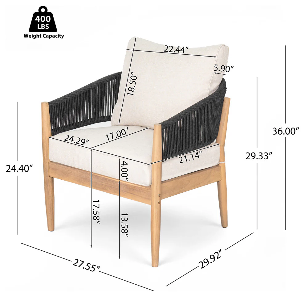 GDF Studio Werne Outdoor Acacia Wood Club Chair, Beige Cushion, Black Rope, Set of 2 - Image 4