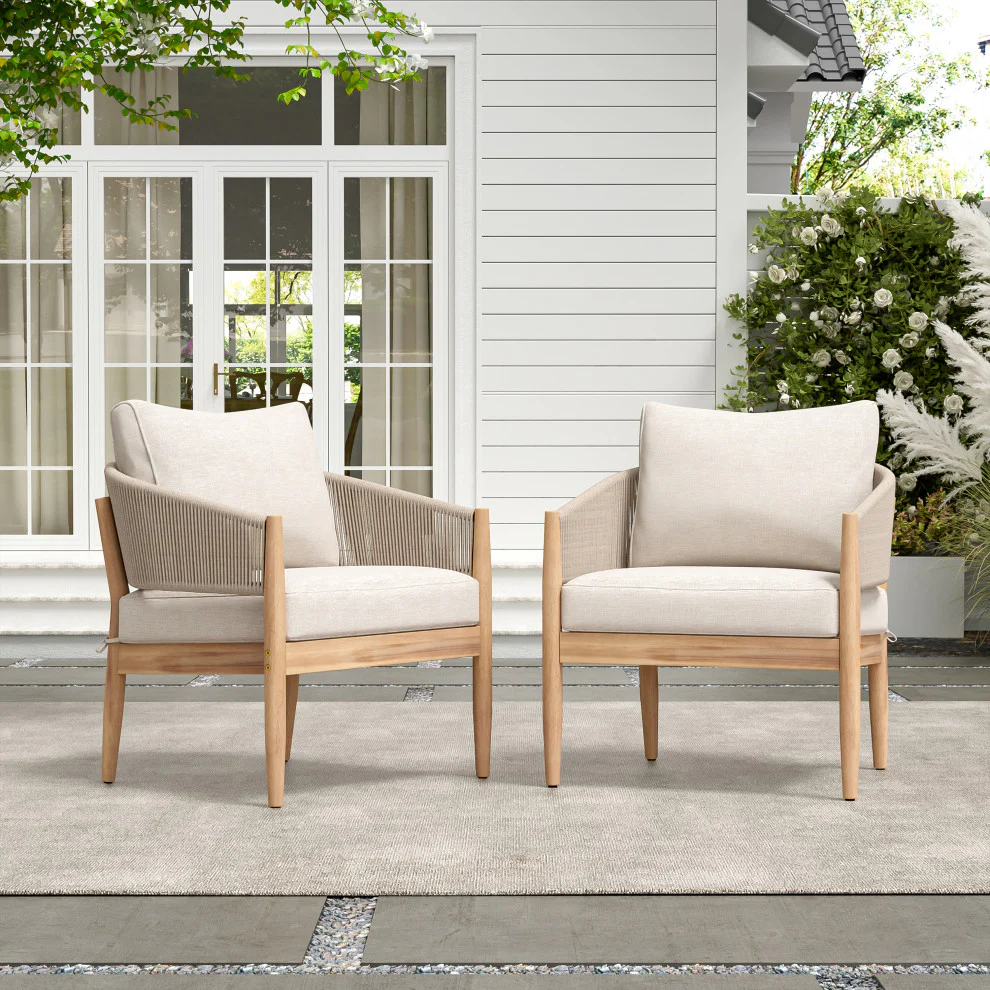 GDF Studio Werne Outdoor Acacia Wood Club Chair, Beige Cushion, Light Brown Rope, Set of 2 - Image 3