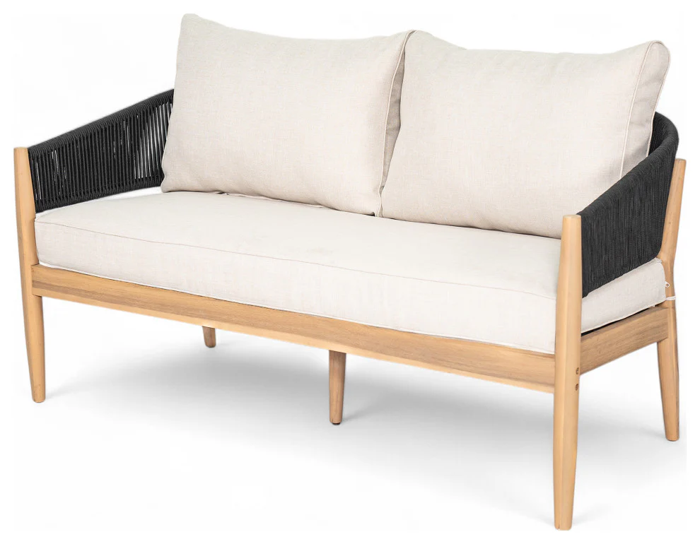 GDF Studio Werne Outdoor Acacia Wood Loveseat, Beige Cushion, Black Rope