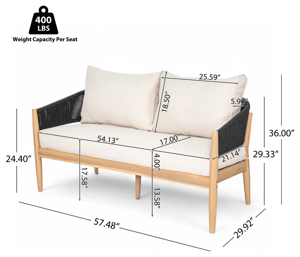 GDF Studio Werne Outdoor Acacia Wood Loveseat, Beige Cushion, Black Rope - Image 3