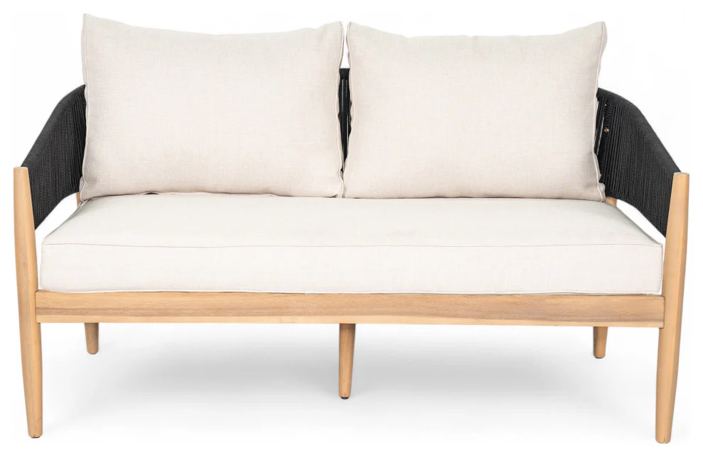 GDF Studio Werne Outdoor Acacia Wood Loveseat, Beige Cushion, Black Rope - Image 4