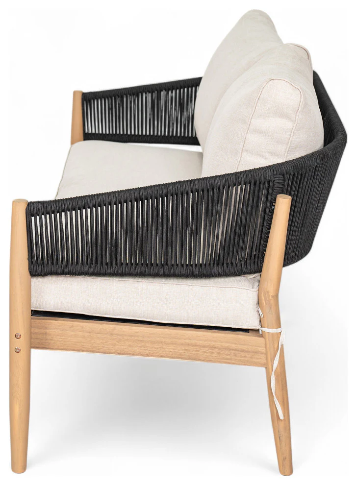 GDF Studio Werne Outdoor Acacia Wood Loveseat, Beige Cushion, Black Rope - Image 5
