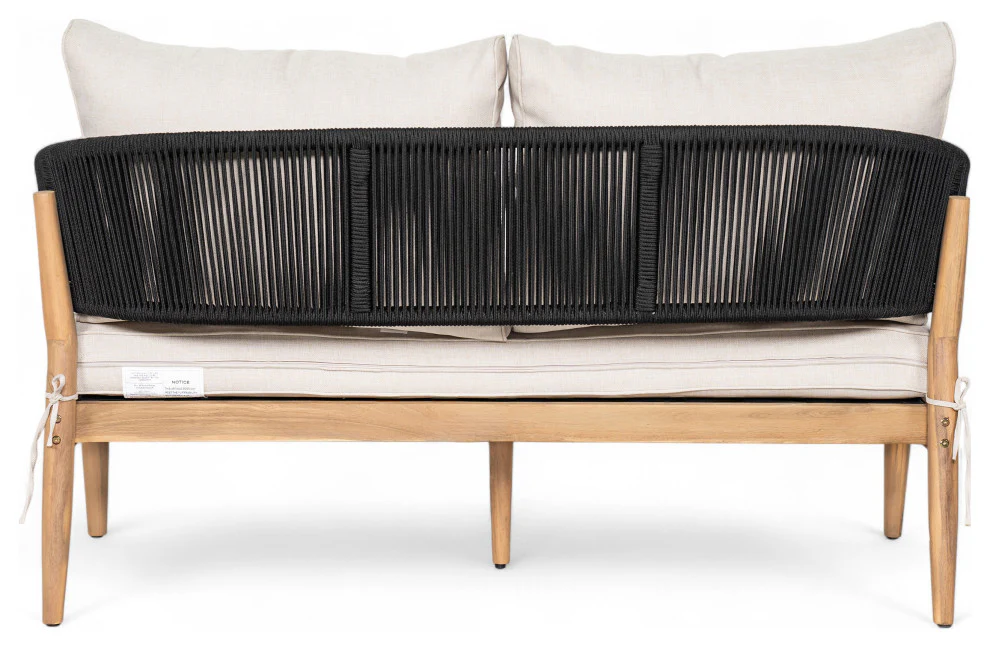 GDF Studio Werne Outdoor Acacia Wood Loveseat, Beige Cushion, Black Rope - Image 6