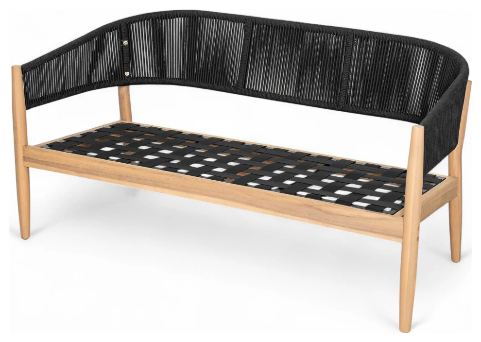 GDF Studio Werne Outdoor Acacia Wood Loveseat, Beige Cushion, Black Rope - Image 7