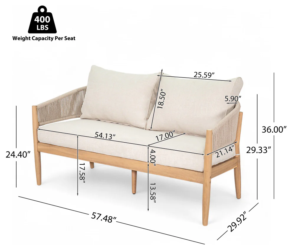 GDF Studio Werne Outdoor Acacia Wood Loveseat, Beige Cushion, Light Brown Rope - Image 3
