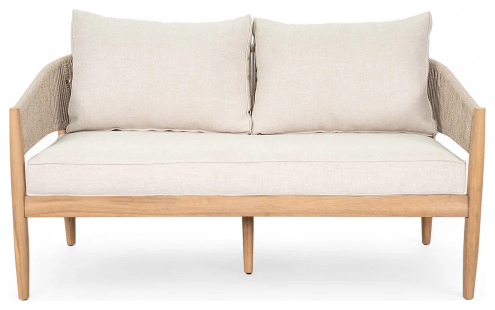 GDF Studio Werne Outdoor Acacia Wood Loveseat, Beige Cushion, Light Brown Rope - Image 4