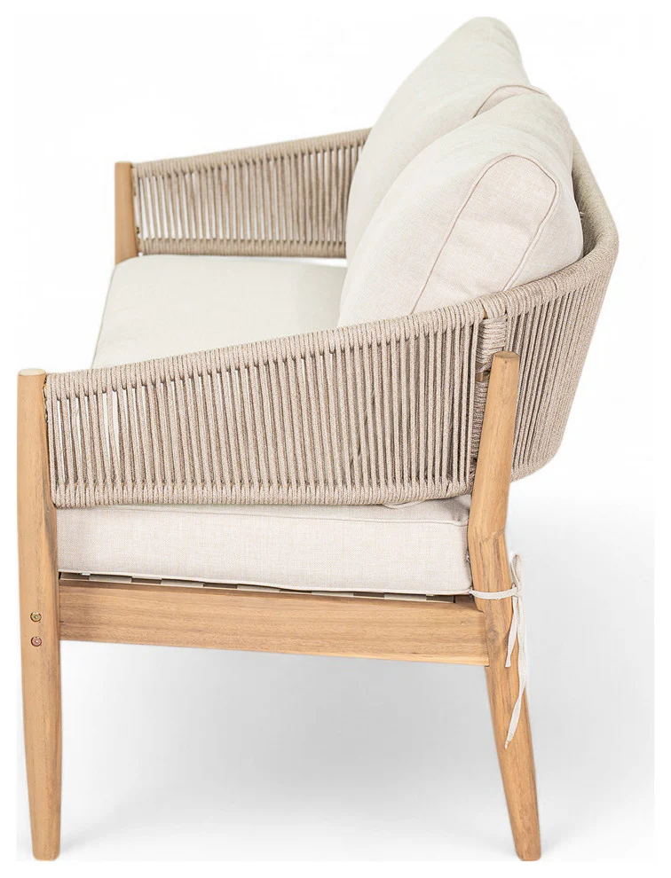 GDF Studio Werne Outdoor Acacia Wood Loveseat, Beige Cushion, Light Brown Rope - Image 5