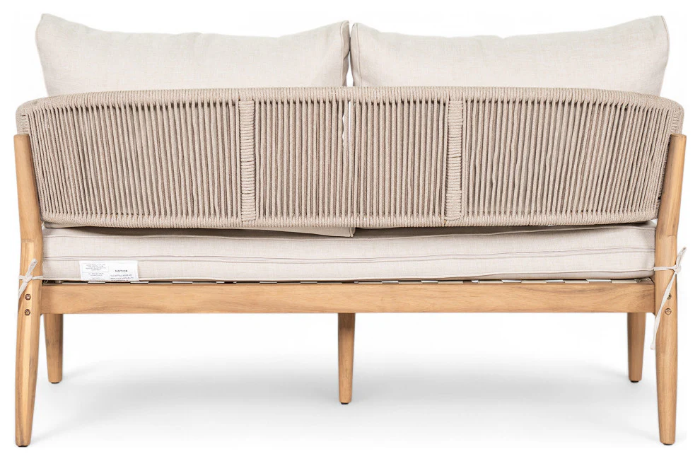 GDF Studio Werne Outdoor Acacia Wood Loveseat, Beige Cushion, Light Brown Rope - Image 6