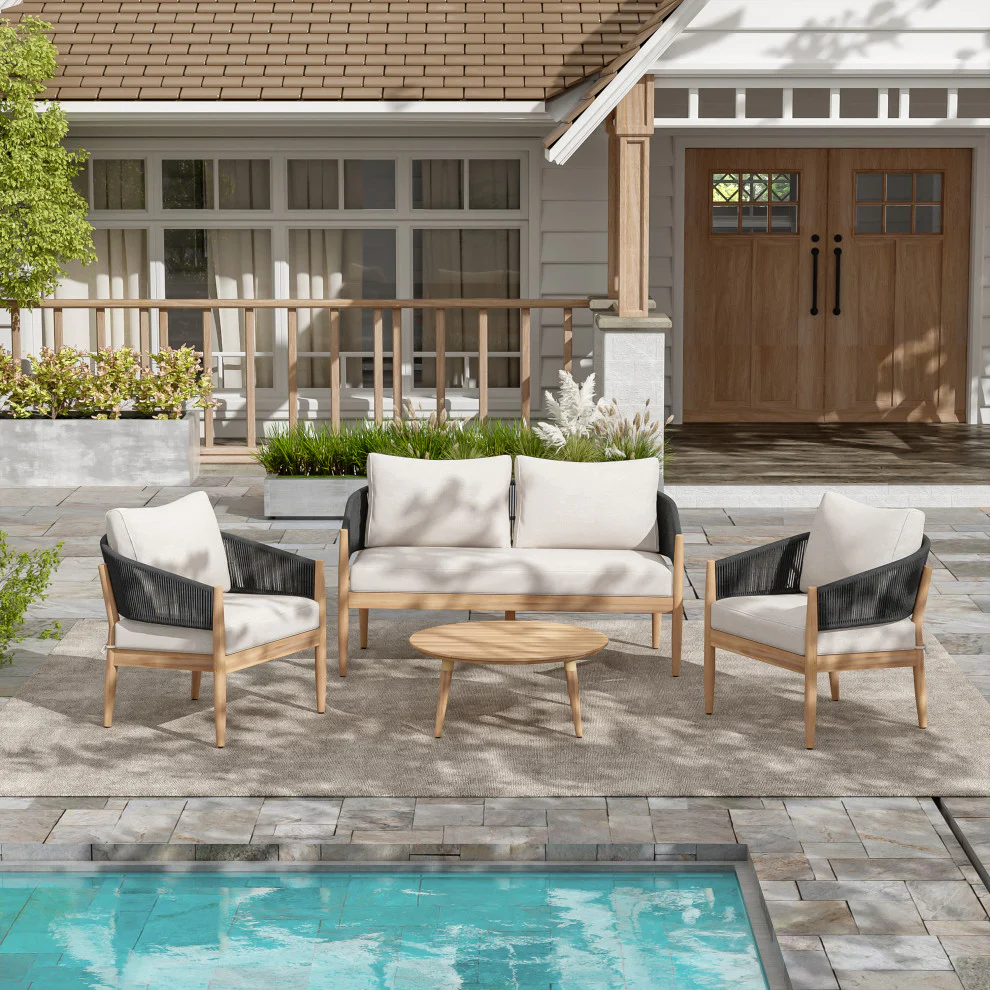 GDF Studio Werne Outdoor Wood Lounge Set, Black Rope, Set of 4 - Image 3