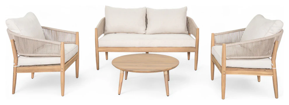 GDF Studio Werne Outdoor Wood Lounge Set, Light Brown Rope, Set of 4