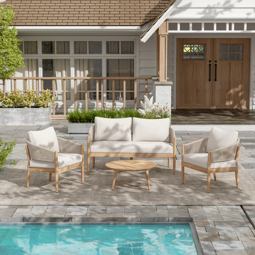 GDF Studio Werne Outdoor Wood Lounge Set, Light Brown Rope, Set of 4 - Image 3