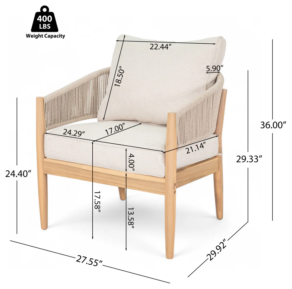 GDF Studio Werne Outdoor Wood Lounge Set, Light Brown Rope, Set of 4 - Image 4