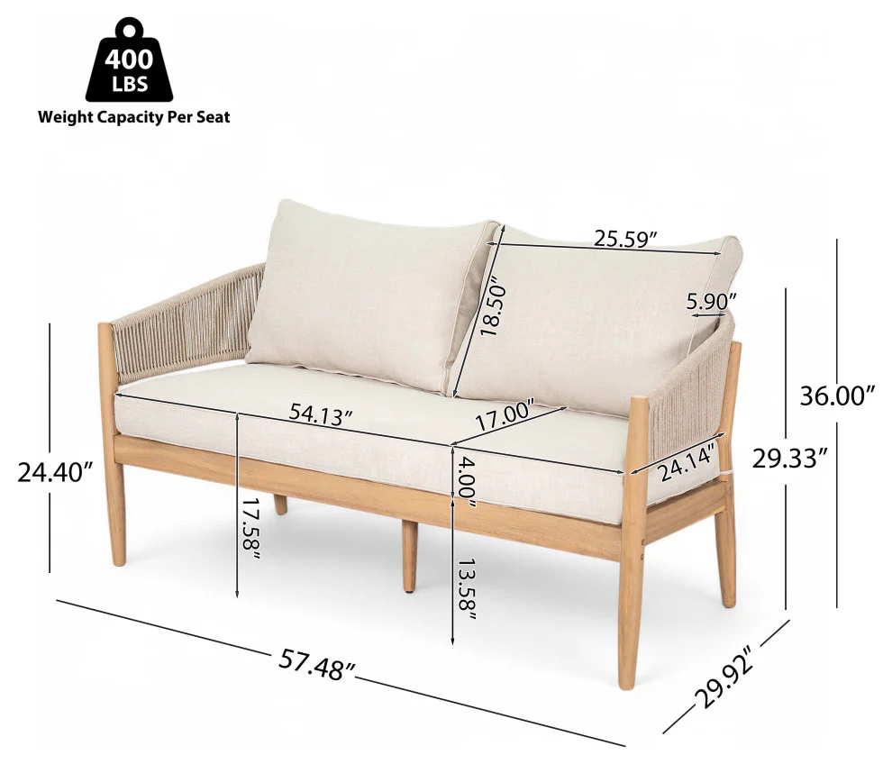 GDF Studio Werne Outdoor Wood Lounge Set, Light Brown Rope, Set of 4 - Image 5